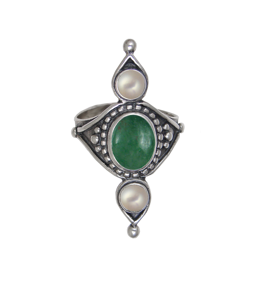 Sterling Silver Royal Ring With Jade And Cultured Freshwater Pearl Size 9